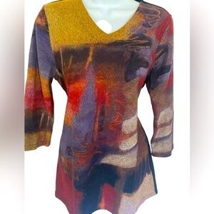 Trisha Tyler Abstract V-Neck Sweater- S navy gold purple.  Polyester spandex